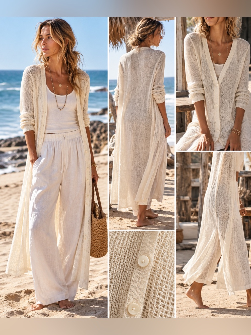 Margaret O’Leary 100% Linen Long Duster Cardigan Ivory Open Knit Button Front
